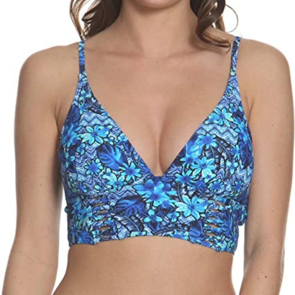 Sun and Sea Juniors Long Line Bikini Top with Front Lattice Detail and Adjustabl